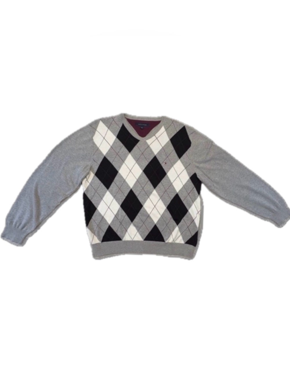 Tommy Hilfiger Grey Argyle V-Neck Sweater Men's Large